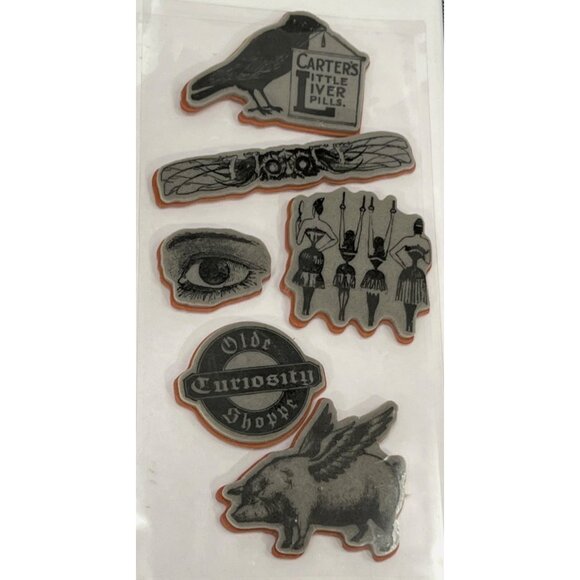 Graphic 45 Curiosity Shoppe Rubber Stamps Set OF 6 RARE ODDITIES FLYING PIG EYE - Picture 1 of 5